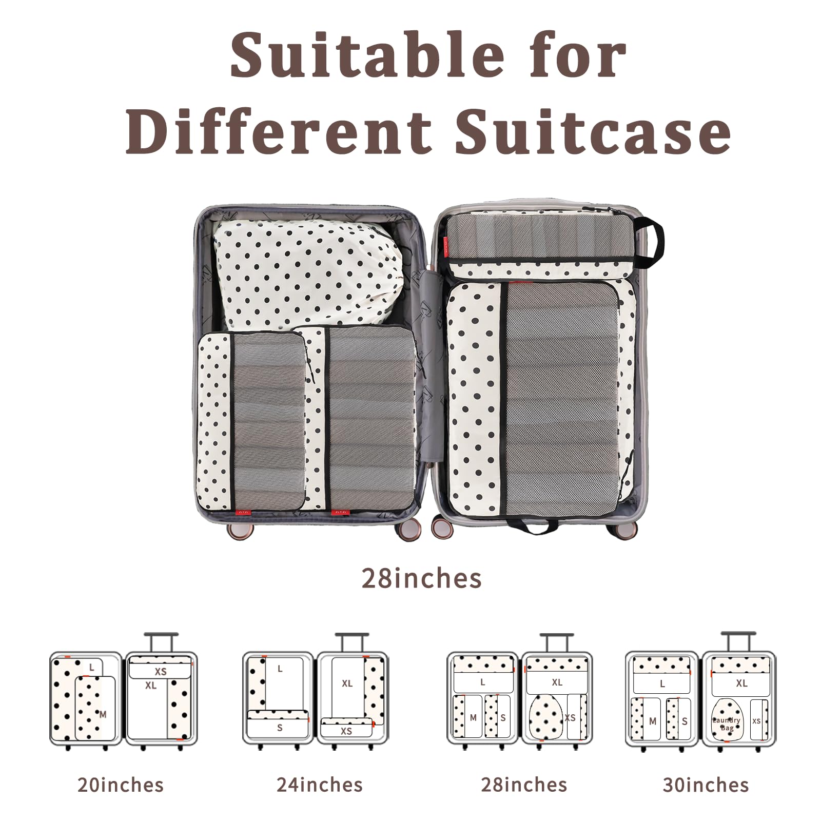 U+U 6 Set Compression Packing Cubes - Ultralight Travel Organizers with Laundry Bag, Space - Saving Suitcase Organizer, Expandable Packing Cubes for Travel, Business Trip and Family Vacation (Polka Dot)
