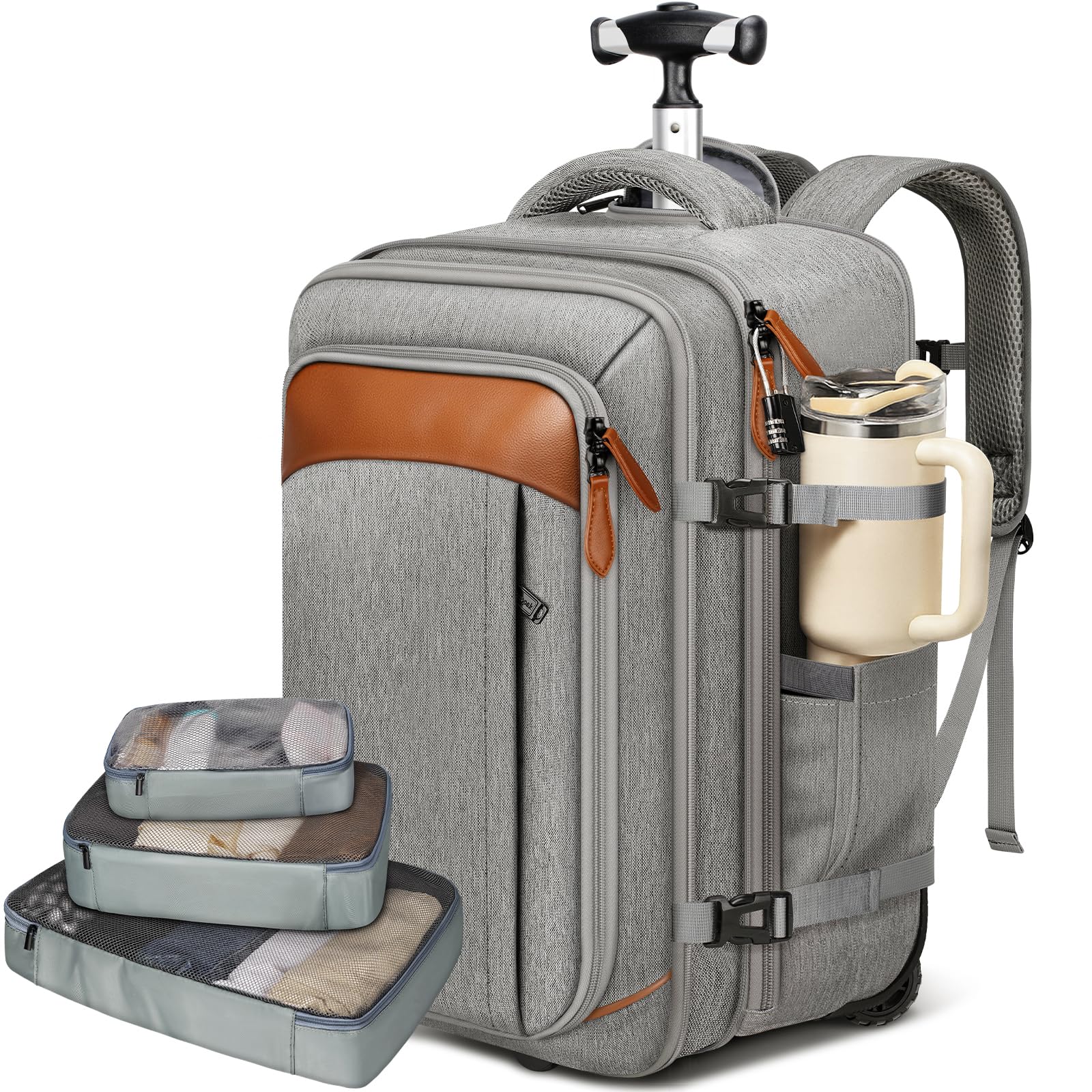 Vancropak Expandable Travel Rolling Backpack with Wheels, Airline Approved Wheeled Backpack with 3 Packing Cubes, 17 Inch Roller Carry on Luggage Suitcase Laptop Bag for Men Women, Grey