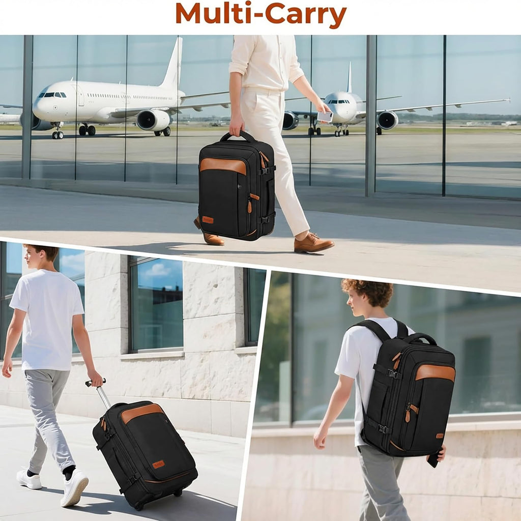 Vancropak Travel Backpack with Wheels, 17 inch Carry On Flight Approved Wheeled Laptop Backpack with 3 Packing Cubes, Expandable Water Resistant Lightweight Roller Backpack for Business, Black Brown