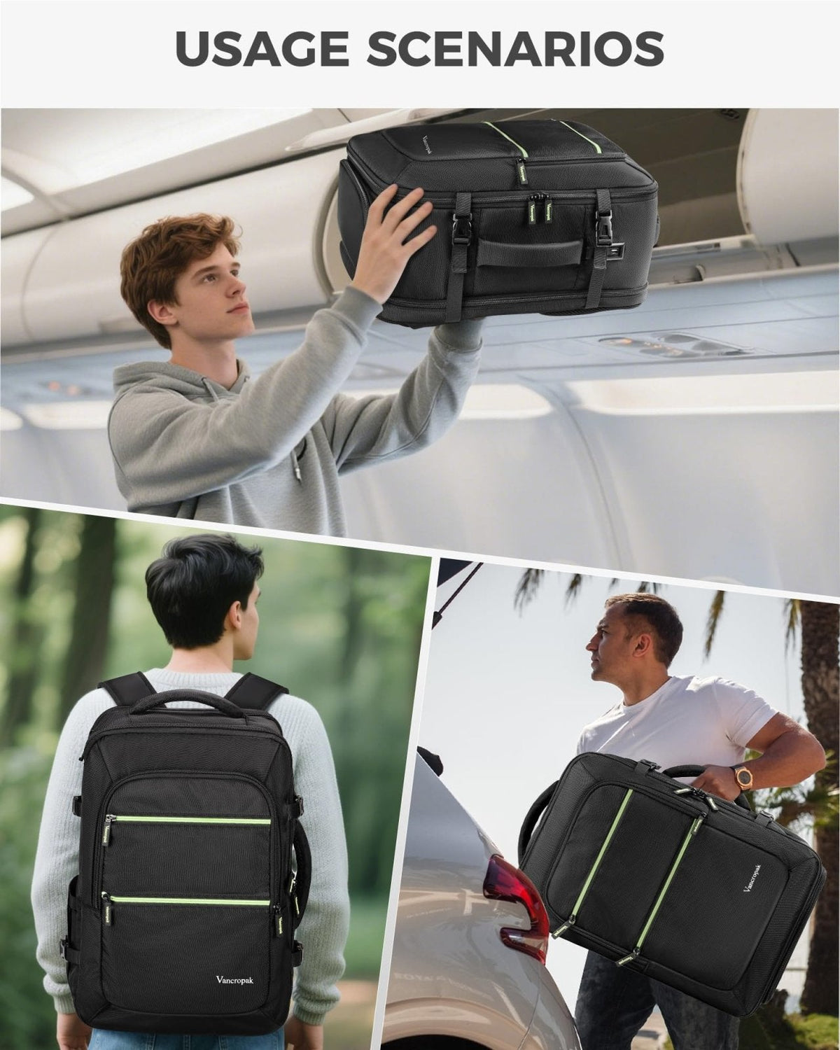 Vancropak Travel Personal Item Backpack for Spirit Airlines with Shoe Compartment Removable, 18x14x8 TSA Approved Underseat Carry on Backpack, Large Luggage Suitcase Bag Fit 17.3" Laptop, Black
