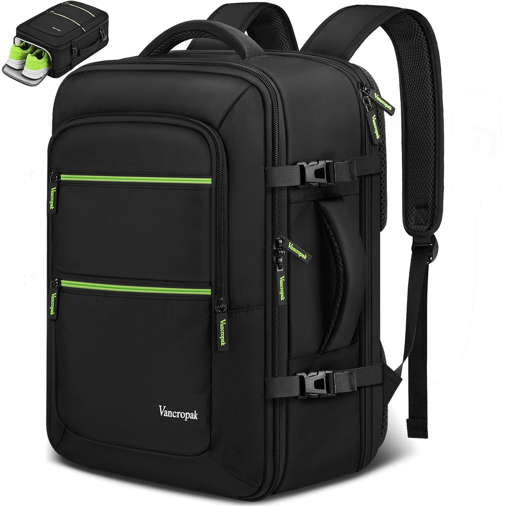 Vancropak Travel Personal Item Backpack for Spirit Airlines with Shoe Compartment Removable, 18x14x8 TSA Approved Underseat Carry on Backpack, Large Luggage Suitcase Bag Fit 17.3" Laptop, Black