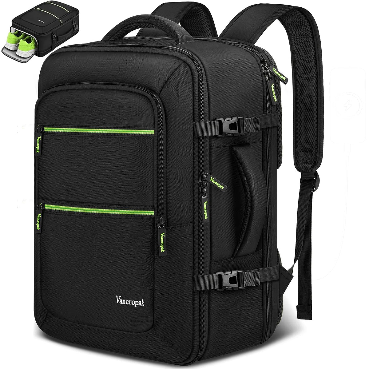 Vancropak Travel Personal Item Backpack for Spirit Airlines with Shoe Compartment Removable, 18x14x8 TSA Approved Underseat Carry on Backpack, Large Luggage Suitcase Bag Fit 17.3" Laptop, Black