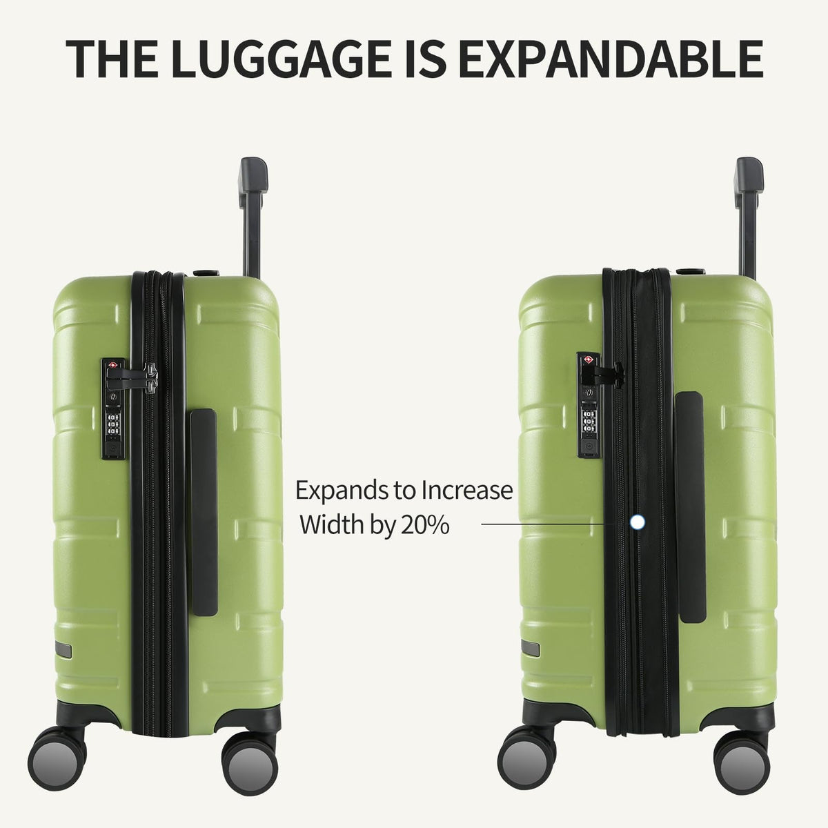 VANKEAN Carry On Luggage with Spinner Wheels & TSA Lock, Expandable Fashionable Hard Shell Suitcase airline approved，20 Inch Carry - On，Green