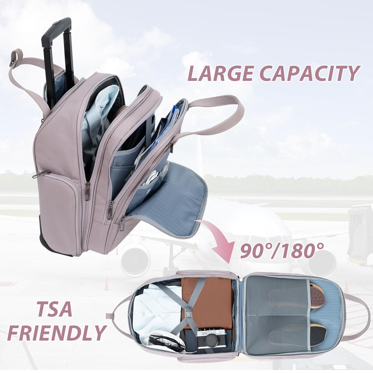 VANKEAN Carry On Underseat 16 - inch Multi - functional Underseater Lightweight Overnight Suitcase with Wheels, Roller Case for Women Travel Business, Light Dusty Pink