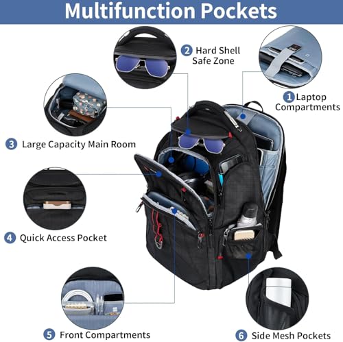 VANKEAN Travel Laptop Backpack 17.3 Inch TSA Friendly, Water-Repellent Anti Theft XL Computer Backpack with RFID Pockets College Backpacks with USB Port for Men Women Business Work Bag, Black