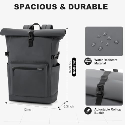 VASCHY Roll Top Travel Backpack for Men, Water Resistant Expandable Large Carry-on Casual Daypack for Work Business Hiking College Gray