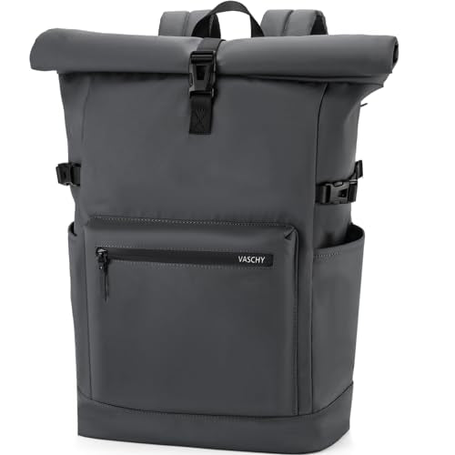 VASCHY Roll Top Travel Backpack for Men, Water Resistant Expandable Large Carry-on Casual Daypack for Work Business Hiking College Gray