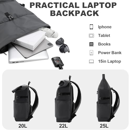 VASCHY Roll Top Travel Backpack for Men, Water Resistant Expandable Large Carry-on Casual Daypack for Work Business Hiking College Gray