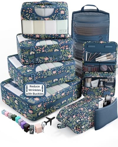 Veken 8 Set Packing Cubes for Travel Essentials,Anti-Wrinkle Buckled Suitcase Organizer for Shoe & Toiletry Bag,Carry On Luggage Bag with 99+ Count Mesh Holes for Airplane & College Dorm Accessories