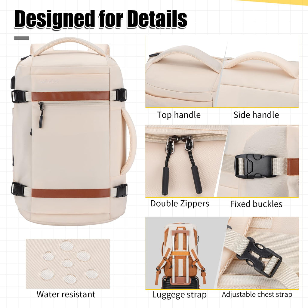 Velaybor 42L Travel Backpack with 4 Packing Cubes, TSA Friendly Flight Approved Carry - On Bag, Water - Resistant Business Backpack for Men Women, Fits 17.3" Laptop (Off - white)