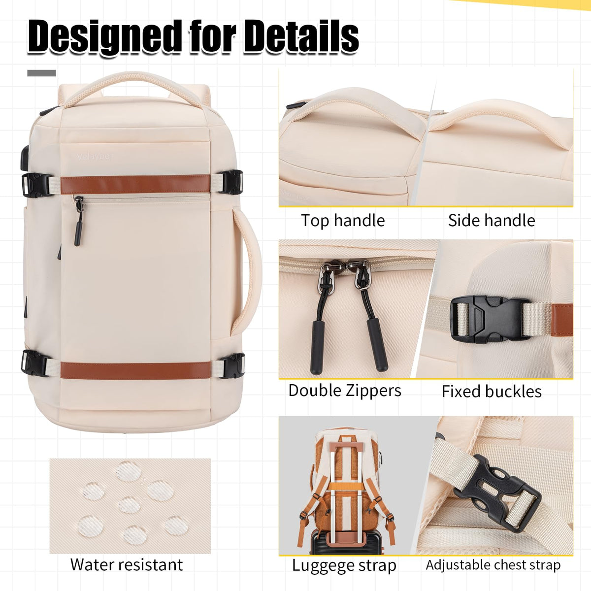 Velaybor 42L Travel Backpack with 4 Packing Cubes, TSA Friendly Flight Approved Carry - On Bag, Water - Resistant Business Backpack for Men Women, Fits 17.3" Laptop (Off - white)