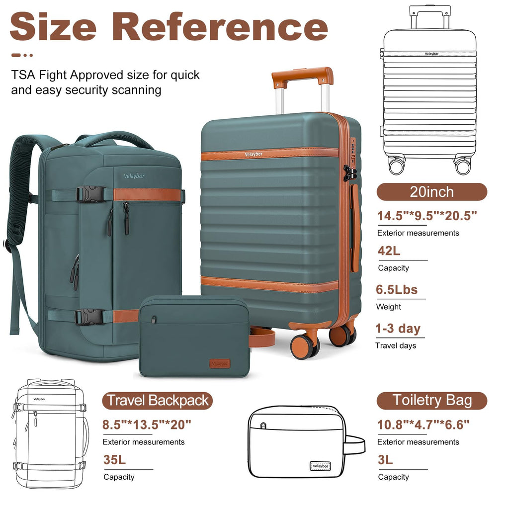 Velaybor Luggage Sets 3 Piece with Spinner Wheels, Lightweight PC Hardside Suitcase with TSA Lock & YKK Zippers, 20 Inch Carry On Luggage with Travel Bag for Men and Women, Army Green