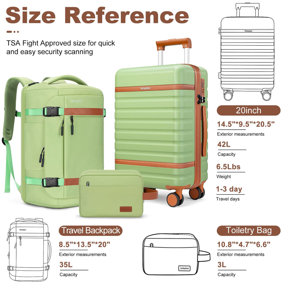 Velaybor Luggage Sets 3 Piece with Spinner Wheels, Lightweight PC Hardside Suitcase with TSA Lock & YKK Zippers, 20 Inch Carry On Luggage with Travel Bag for Men and Women, Avocado Green
