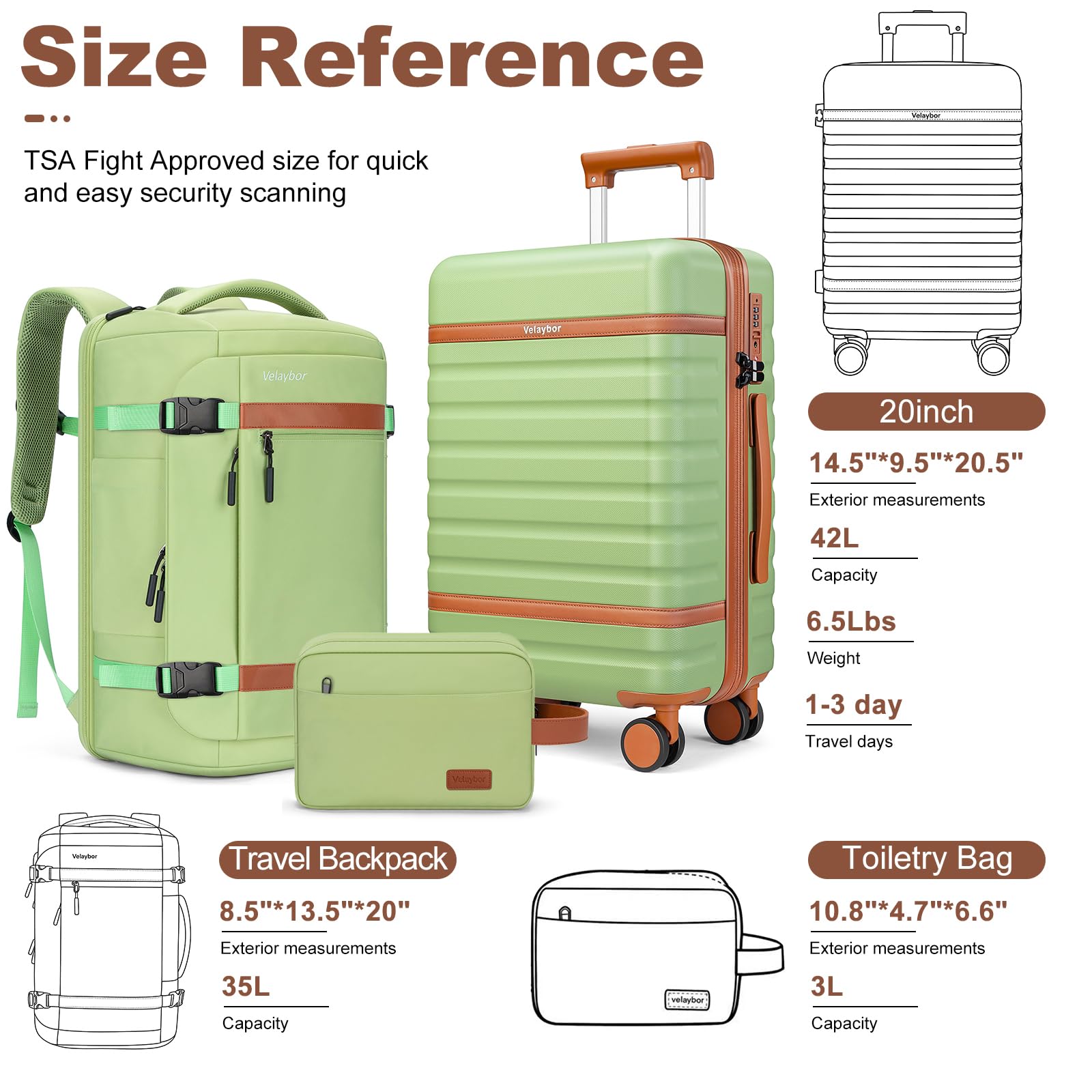Velaybor Luggage Sets 3 Piece with Spinner Wheels, Lightweight PC Hardside Suitcase with TSA Lock & YKK Zippers, 20 Inch Carry On Luggage with Travel Bag for Men and Women, Avocado Green