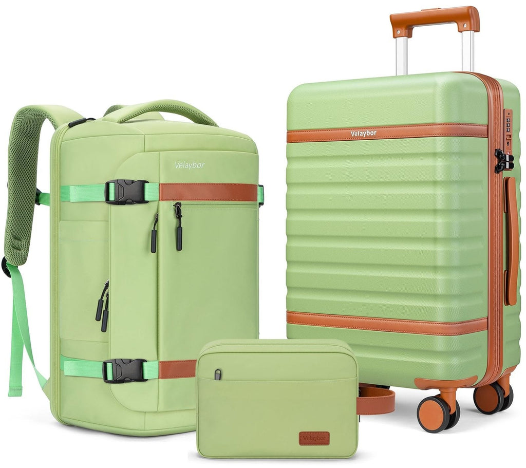 Velaybor Luggage Sets 3 Piece with Spinner Wheels, Lightweight PC Hardside Suitcase with TSA Lock & YKK Zippers, 20 Inch Carry On Luggage with Travel Bag for Men and Women, Avocado Green