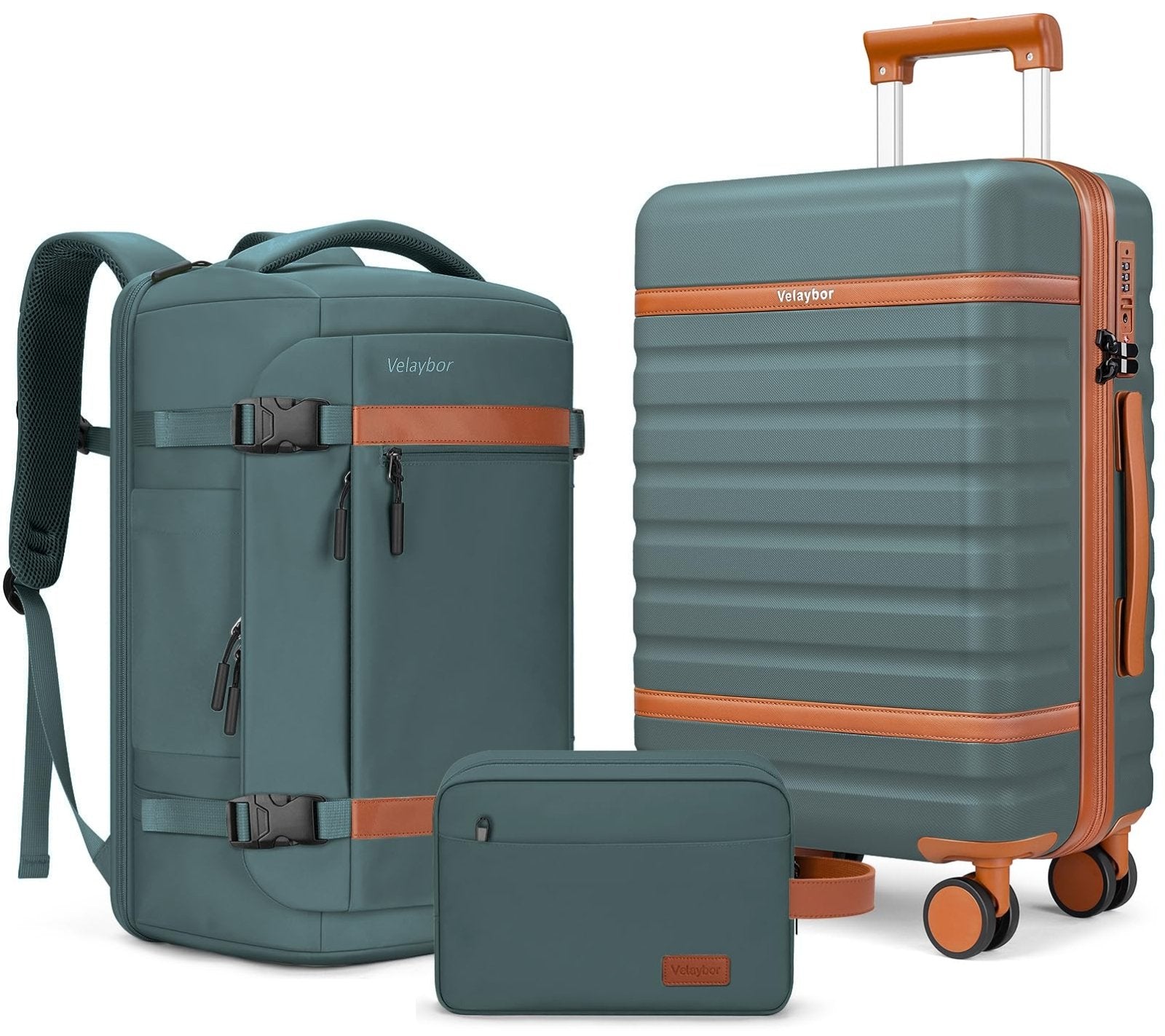 Velaybor Luggage Sets 3 Piece with Spinner Wheels, Lightweight PC Hardside Suitcase with TSA Lock & YKK Zippers, 20 Inch Carry On Luggage with Travel Bag for Men and Women, Army Green