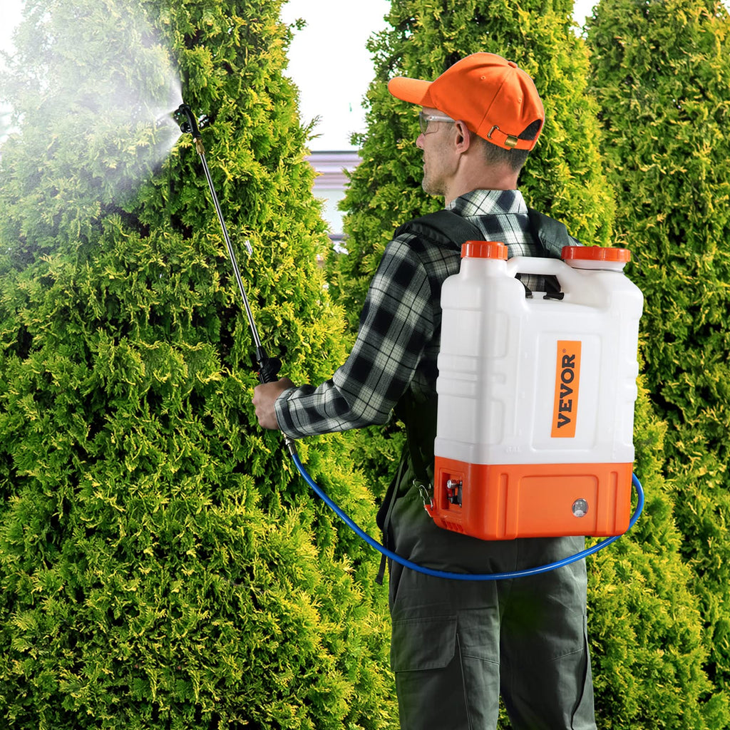 VEVOR 4 Gallon Battery Powered Backpack Sprayer with Wheeled Cart, Adjustable 0 - 94 PSI, 13FT Hose, 6 Nozzles, 2 Wands Included, Wide Mouth Lid for Weeding, Cleaning, Long Spray Time Without Fatigue