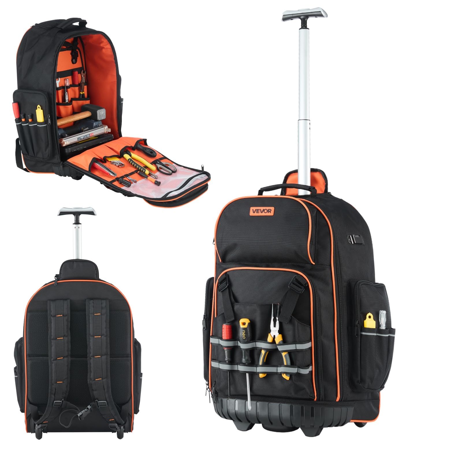 VEVOR Rolling Tool Backpack, 110 lbs Load Capacity, 72 Pockets Heavy Duty Roller Tool Bag on Wheels, Adjustable Telescoping Handle & Stable Base, Toolbag Organizers for Construction, Mechanic