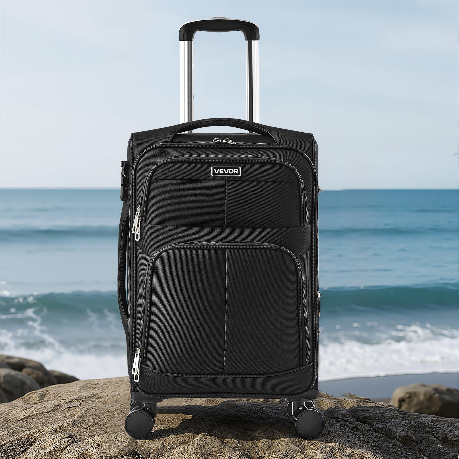 VEVOR Softside Expandable Luggage with Spinner Wheels, 20 - Inch Softside Carry on Luggage, Lightweight Checked Suitcase with Expandable Zippered Pocket and TSA Lock, Black