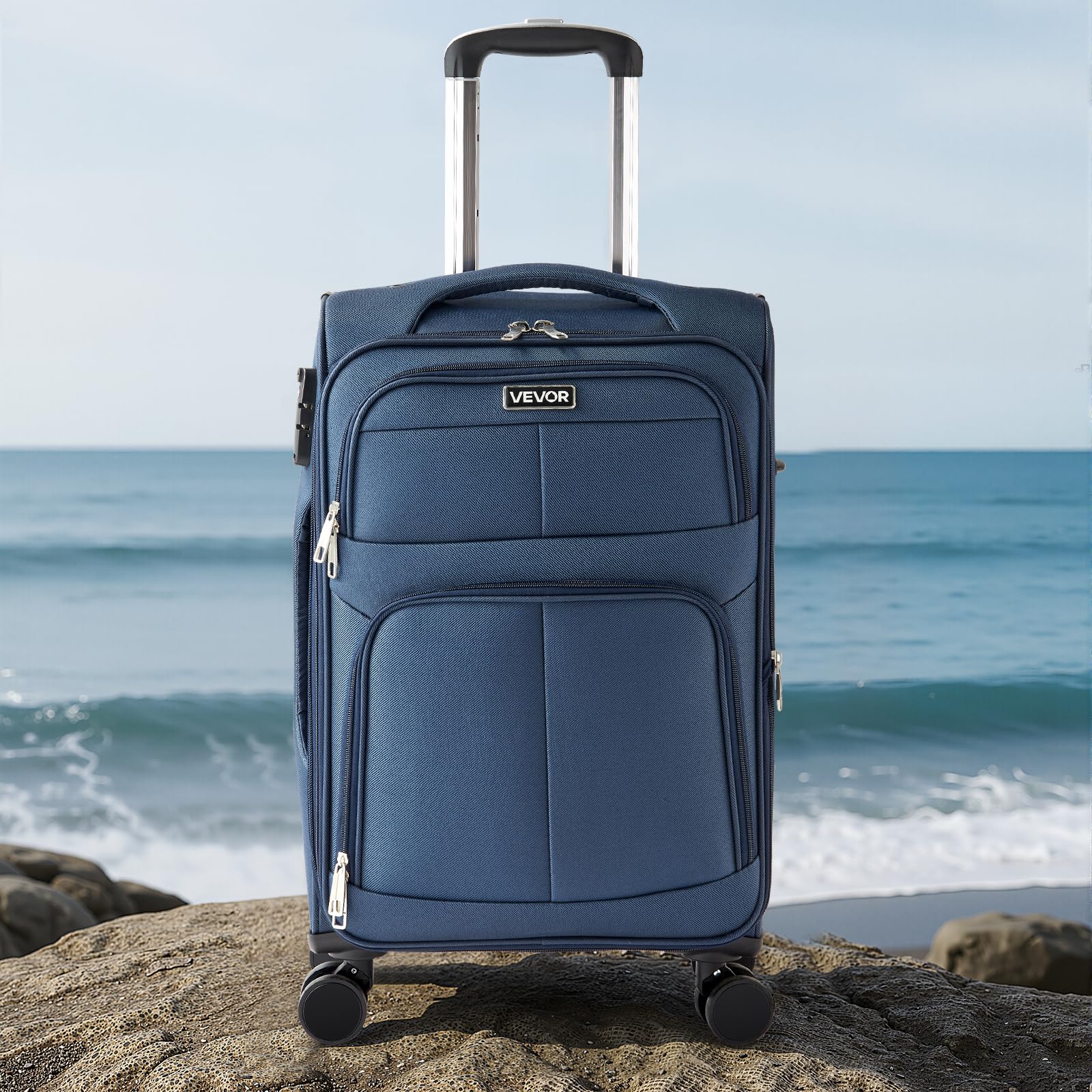 VEVOR Softside Expandable Luggage with Spinner Wheels, 20 - Inch Softside Carry on Luggage, Lightweight Checked Suitcase with Expandable Zippered Pocket and TSA Lock, Blue