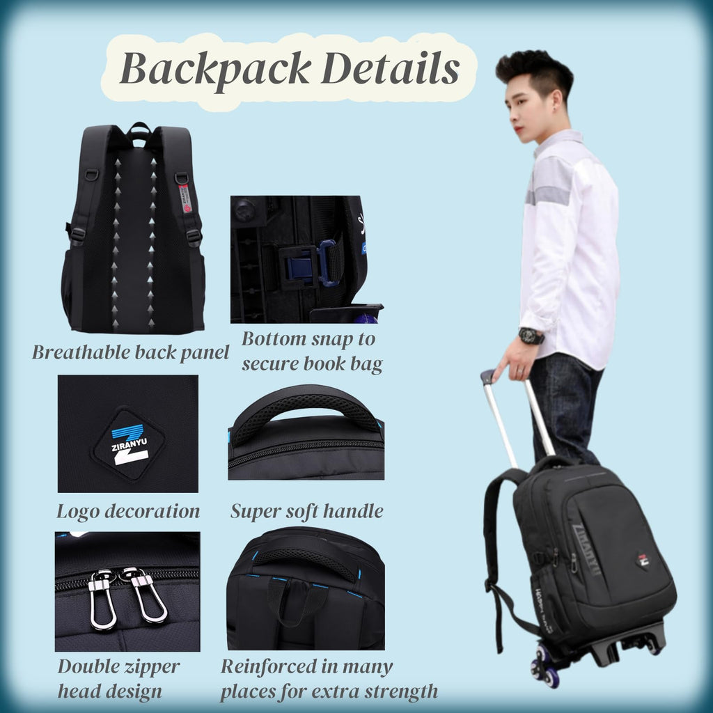 VIDOSCLA Black Kids Boys Rolling Backpack Teens Carry - on Luggage with Wheels Trolly BookBag for School - 2 Wheels
