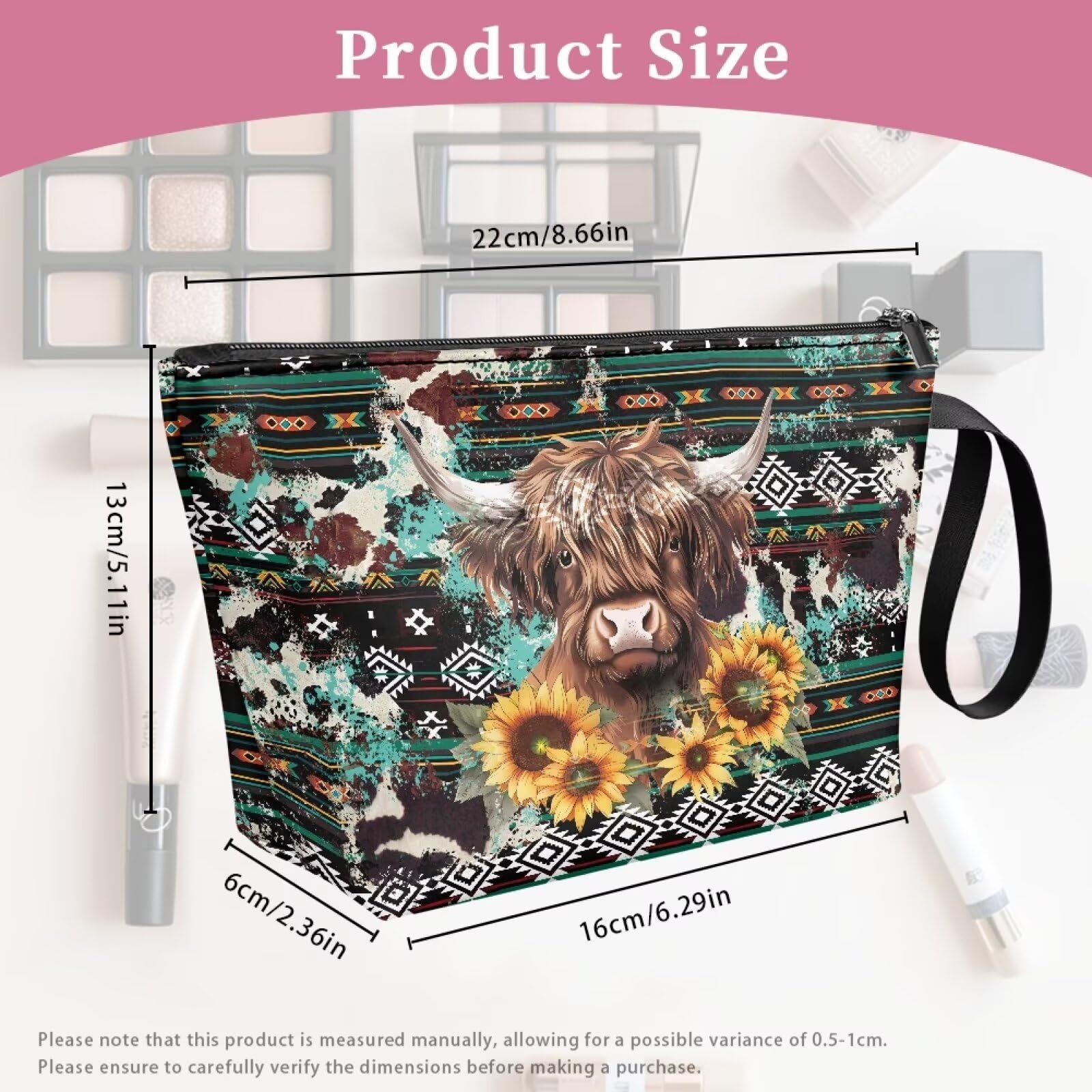 Viewamoon Western Travel Toiletry Bag for Women Hanging Makeup Bag Cosmetic Purse Highland Cow Make Up Brush Holder Organizer Sunflower Purse Lipstick Pouch Zipper for Summer Beach Holiday Outdoor