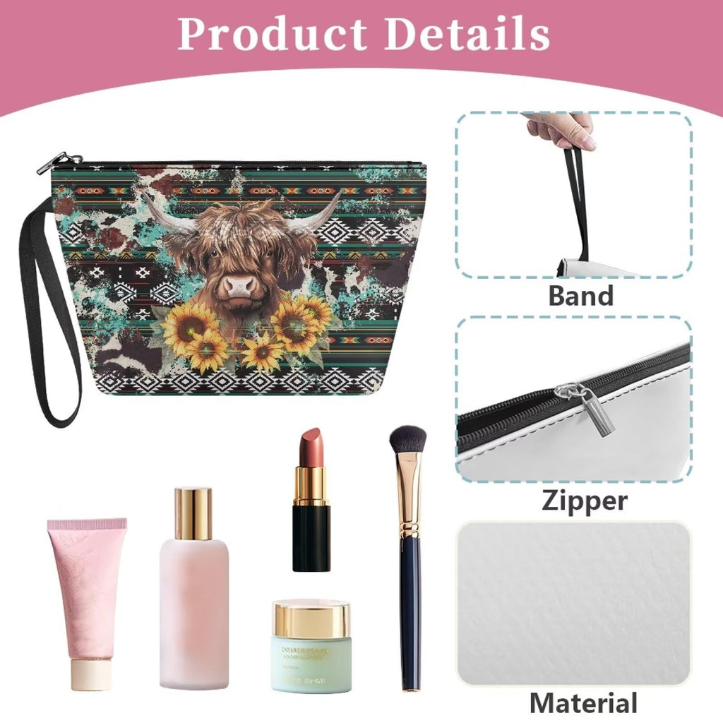 Viewamoon Western Travel Toiletry Bag for Women Hanging Makeup Bag Cosmetic Purse Highland Cow Make Up Brush Holder Organizer Sunflower Purse Lipstick Pouch Zipper for Summer Beach Holiday Outdoor