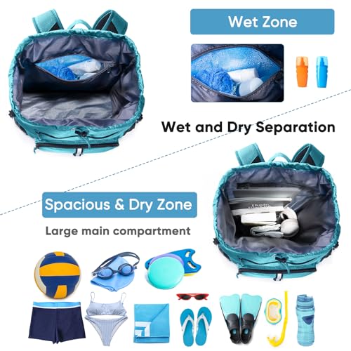 VIGEGARI Large Beach Backpack Waterproof Sandproof - Customized Oversized Drawstring Pool Bag with Shoe Compartment for Toiletries, Towels, Gym, Travel