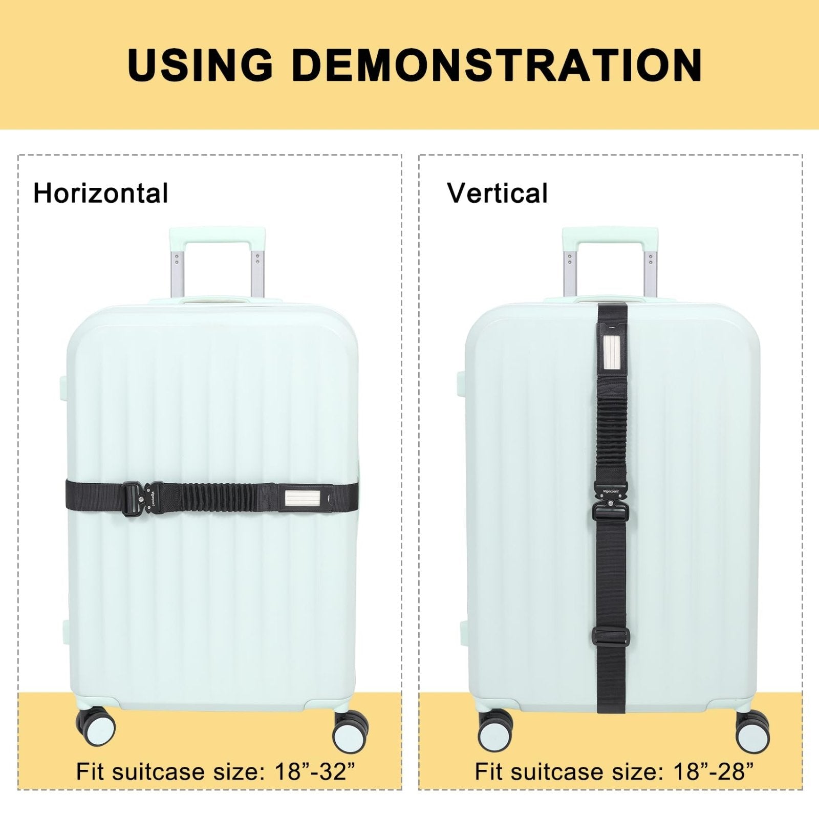 Vigorport Luggage Straps for Suitcases TSA Approved Suitcase Belt, Stretchable Travel Strap for Luggage, Heavy Duty Metal Buckle Luggage Belt Strap (Black, 72" Long/1PK)