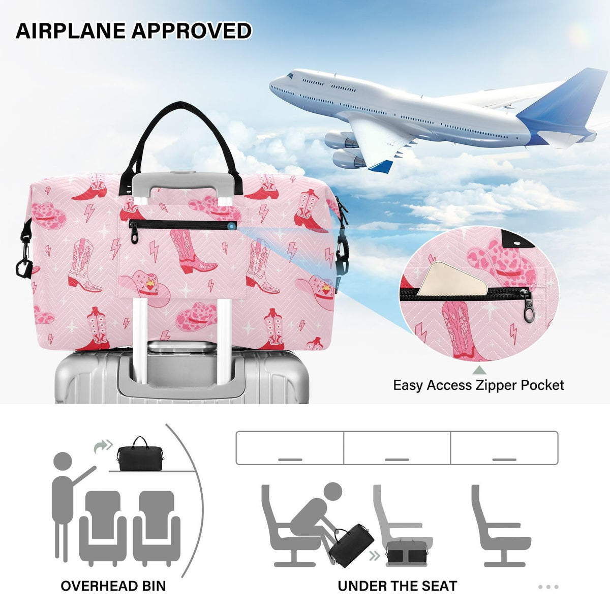 VIGTRO Travel Duffel Bag Weekender Overnight Bag with Toiletry Bag Retro Cowgirl Boots Printed, Carry On Luggage Backpack Pink West Hat for Hospital Gym Travel Business, 2 Pcs Set