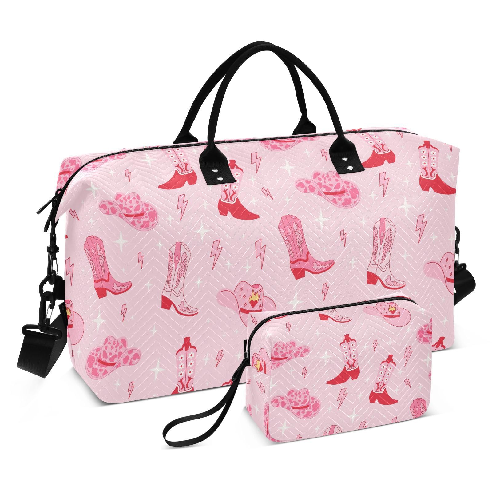VIGTRO Travel Duffel Bag Weekender Overnight Bag with Toiletry Bag Retro Cowgirl Boots Printed, Carry On Luggage Backpack Pink West Hat for Hospital Gym Travel Business, 2 Pcs Set