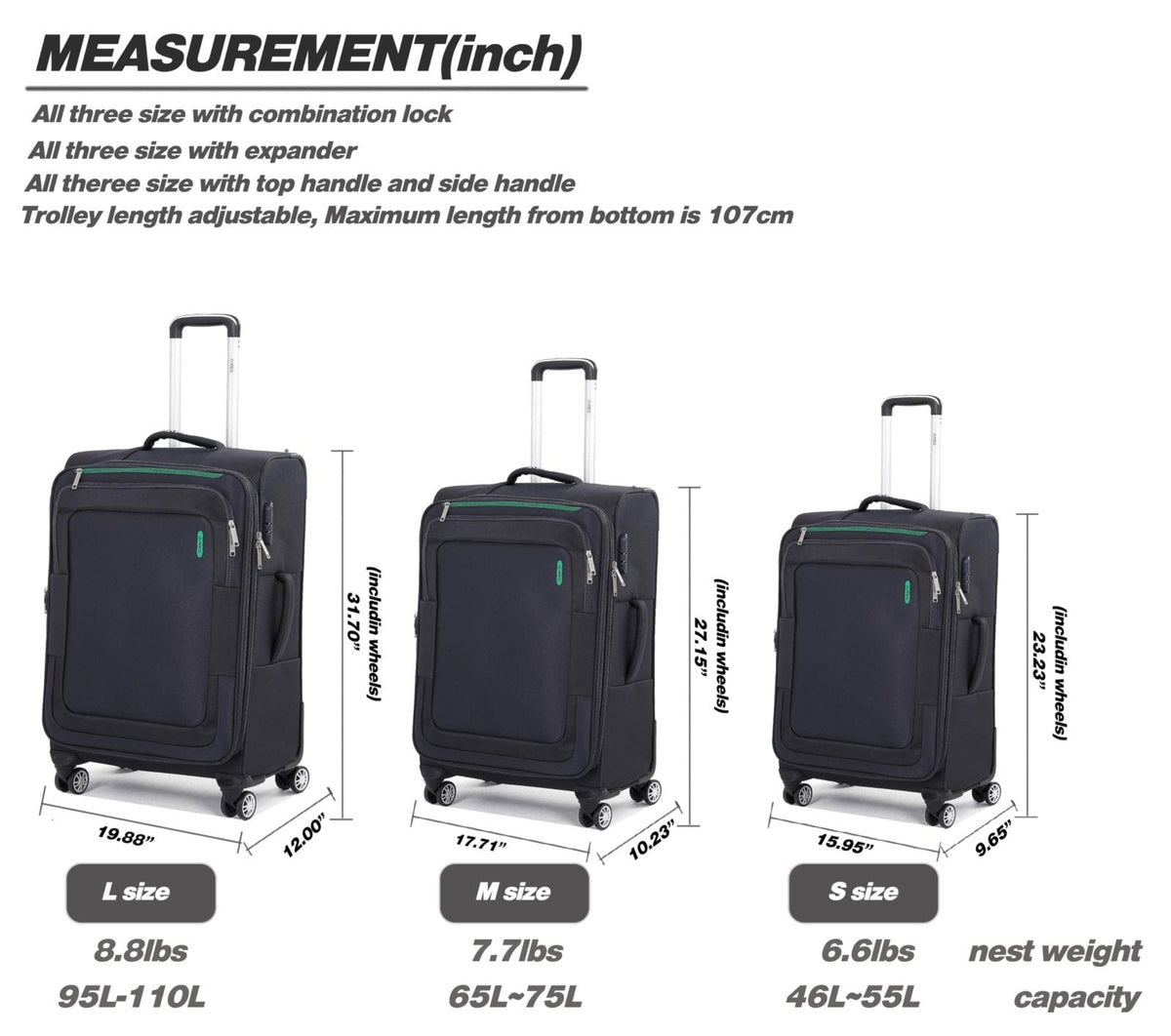 VIHEEVA Softside Luggage Sets, Extra Large Expandable Suitcase Sets With Spinner Wheels and Combination Lock Red Luggage For Long Time Overseas Journey(Navy) 22inch, 26inch, 30inch