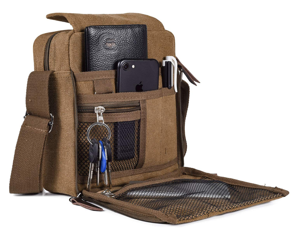 Vintage Canvas Cross Body Casual Shoulder Bag, Multipurpose Messenger Bag Purse Briefcase Travel Organizer Bag Multi-pocket Handbag , Coffee
