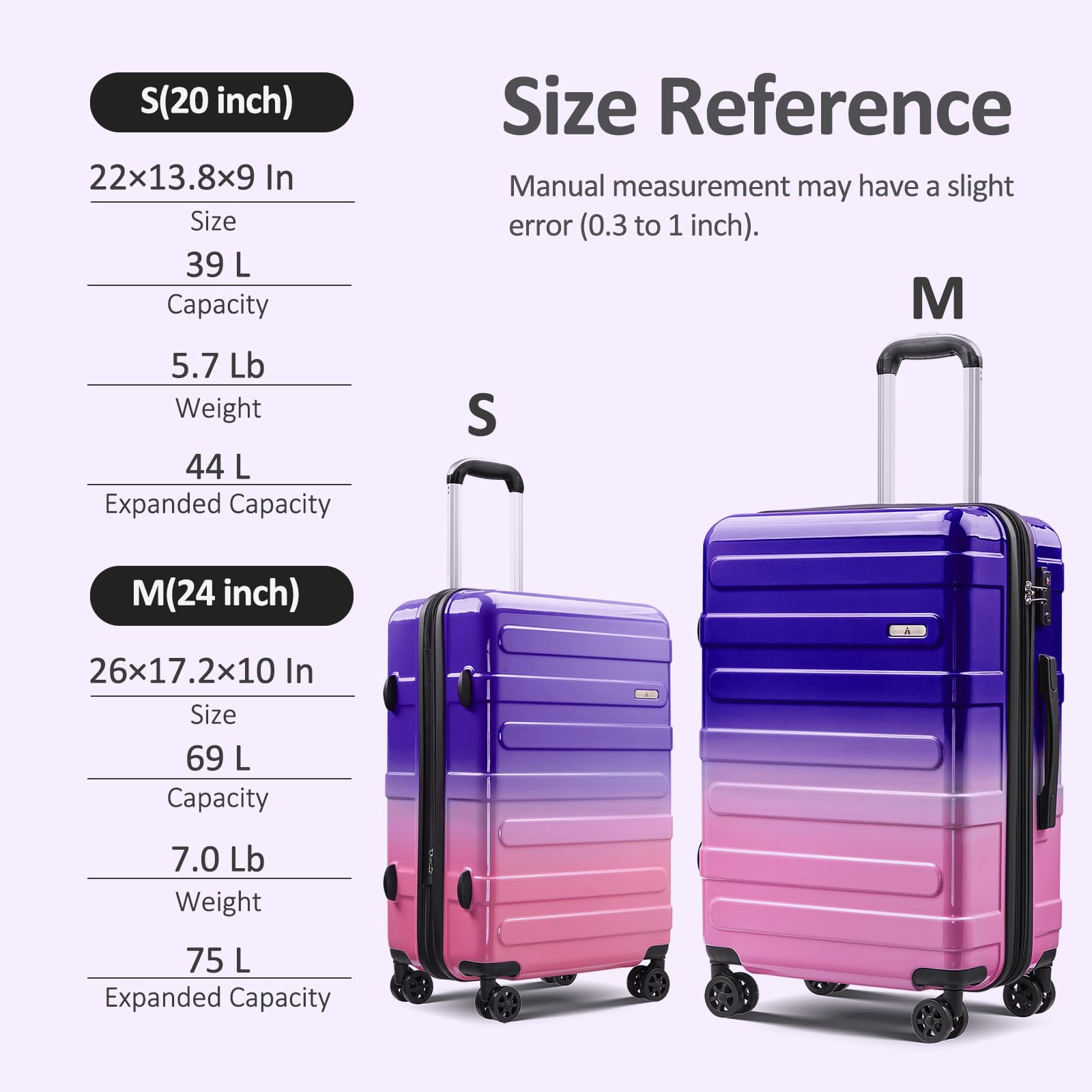 VIVIcity Carry on 20inch Luggage with Spinner Wheels, Lightweight PC+ABS Hard Shell Suitcases, Expandbale Storage & TSA Aprovel Lock