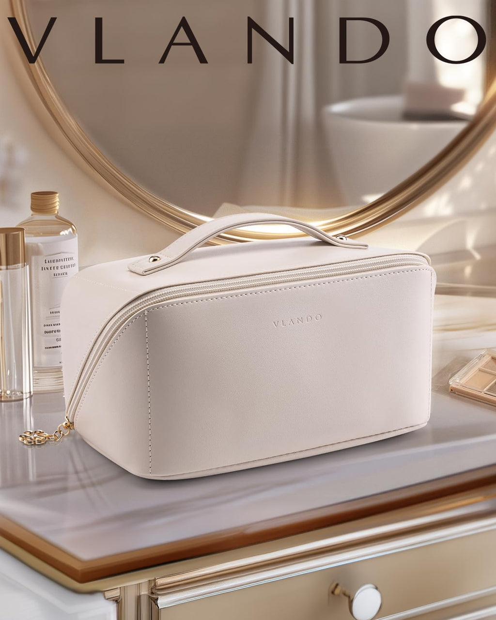 VLANDO Makeup Bag,Travel Toiletry Bag,Cosmetic Bag for Women PU Leather Portable Make up Bag for Skincare, Brushes & Travel Essentials - Off White