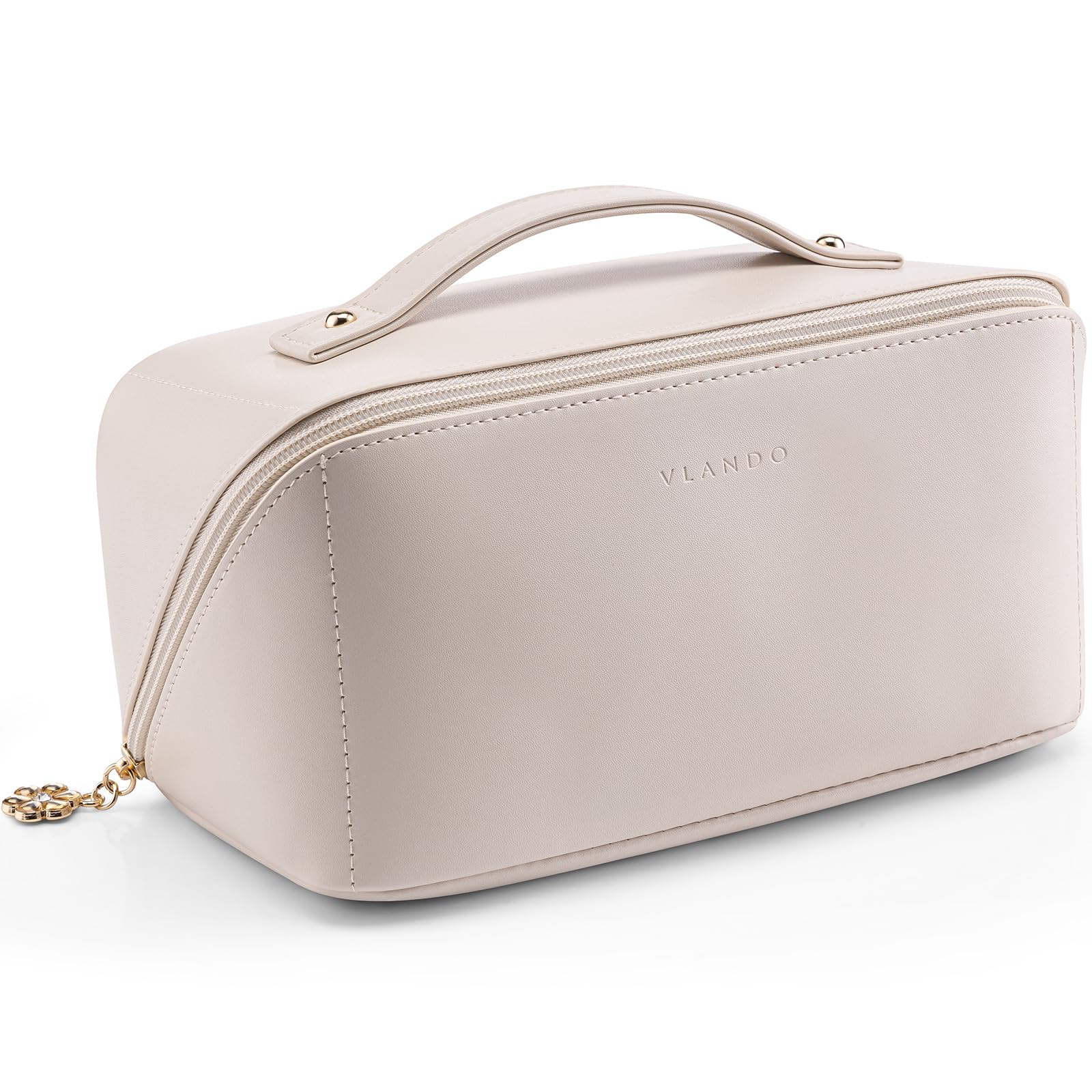 VLANDO Makeup Bag,Travel Toiletry Bag,Cosmetic Bag for Women PU Leather Portable Make up Bag for Skincare, Brushes & Travel Essentials-Off White