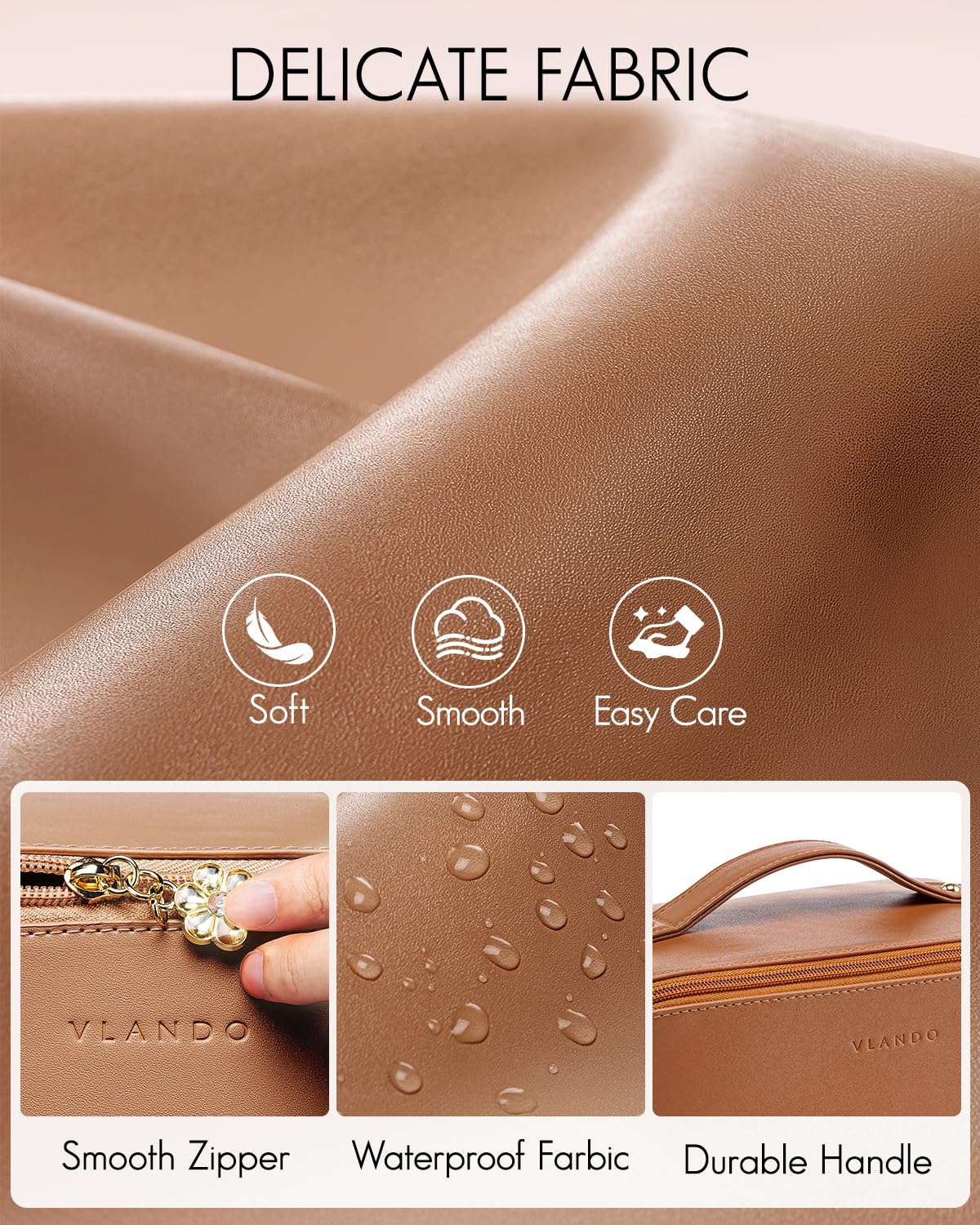 Vlando Travel Makeup Bag,Brown Leather Make up Bag,Portable Toiletry Bag with Divider and Handle,Gifts for Women (Brown)
