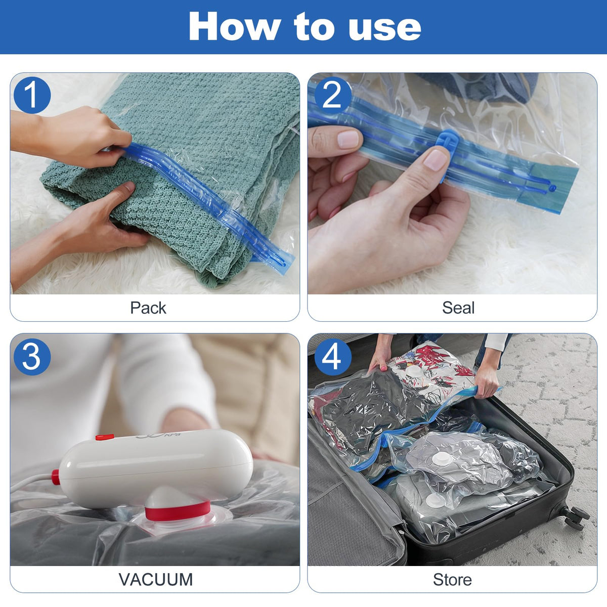 VMstr 15 Pack Travel Vacuum Storage Bags with USB Pump, Vacuum Packing Seal for Luggage and Suitcase, Space Saver for Clothes and Clothing Travel