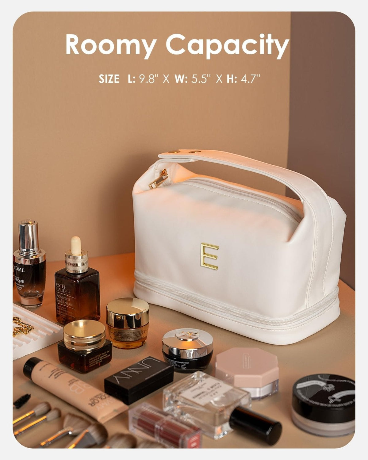 Vogewood Makeup Bag with Handle, Waterproof Double Layer Cosmetic Bag, Large Capacity PU Leather Makeup Bags Letter Travel Toiletry Bag with Makeup Brush Organizer