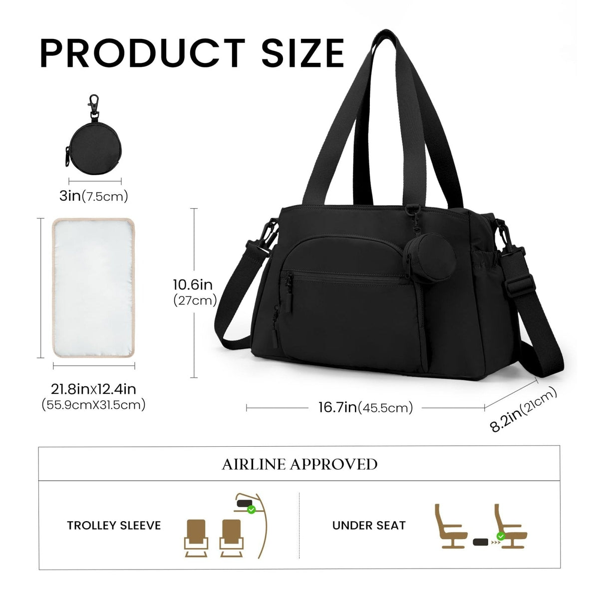 VONAL Travel Tote Bag, Large Diaper Bags 24L Waterproof Hospital Bag for Labor Delivery, Travel Diaper Tote with Changing Pad, Baby Bag with Pacifier Case,Black