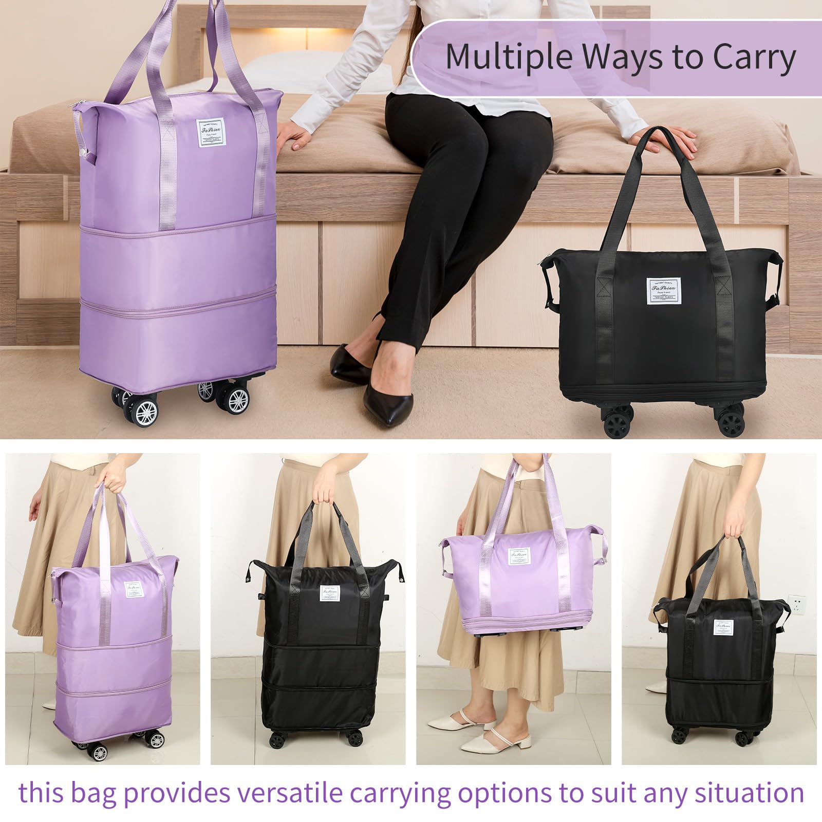 VOOWO Rolling Duffle Bag with Wheels, Expandable Foldable Duffle Bag for Travel, Rolling Under Seat Luggage Carry on Duffel Bags, Wheeled Travel Duffel Weekend Bags, Capacity 18L to 35L (Black)