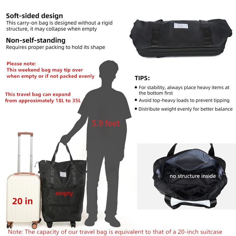 VOOWO Rolling Duffle Bag with Wheels, Expandable Foldable Duffle Bag for Travel, Rolling Under Seat Luggage Carry on Duffel Bags, Wheeled Travel Duffel Weekend Bags, Capacity 18L to 35L (Black)
