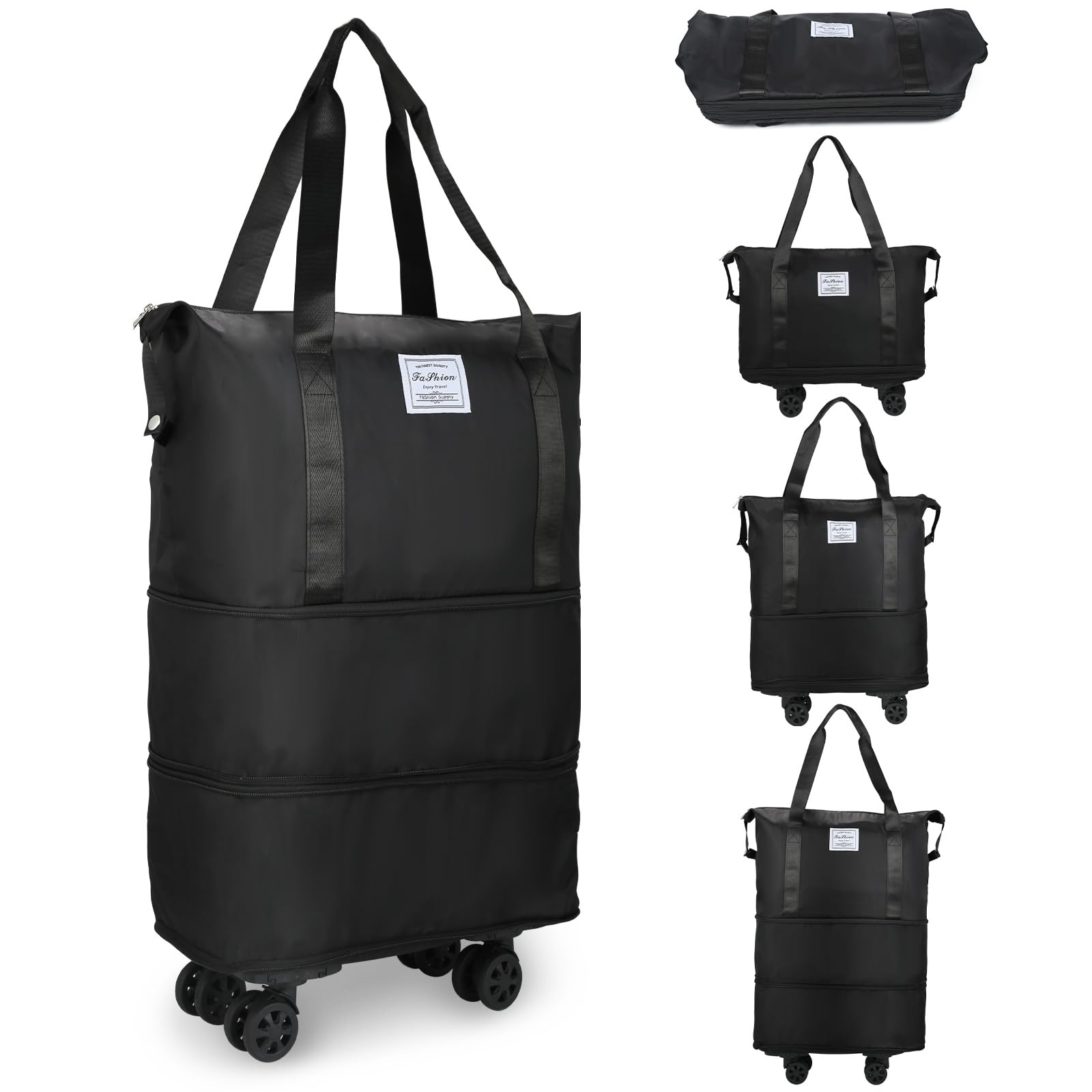 VOOWO Rolling Duffle Bag with Wheels, Expandable Foldable Duffle Bag for Travel, Rolling Under Seat Luggage Carry on Duffel Bags, Wheeled Travel Duffel Weekend Bags, Capacity 18L to 35L (Black)