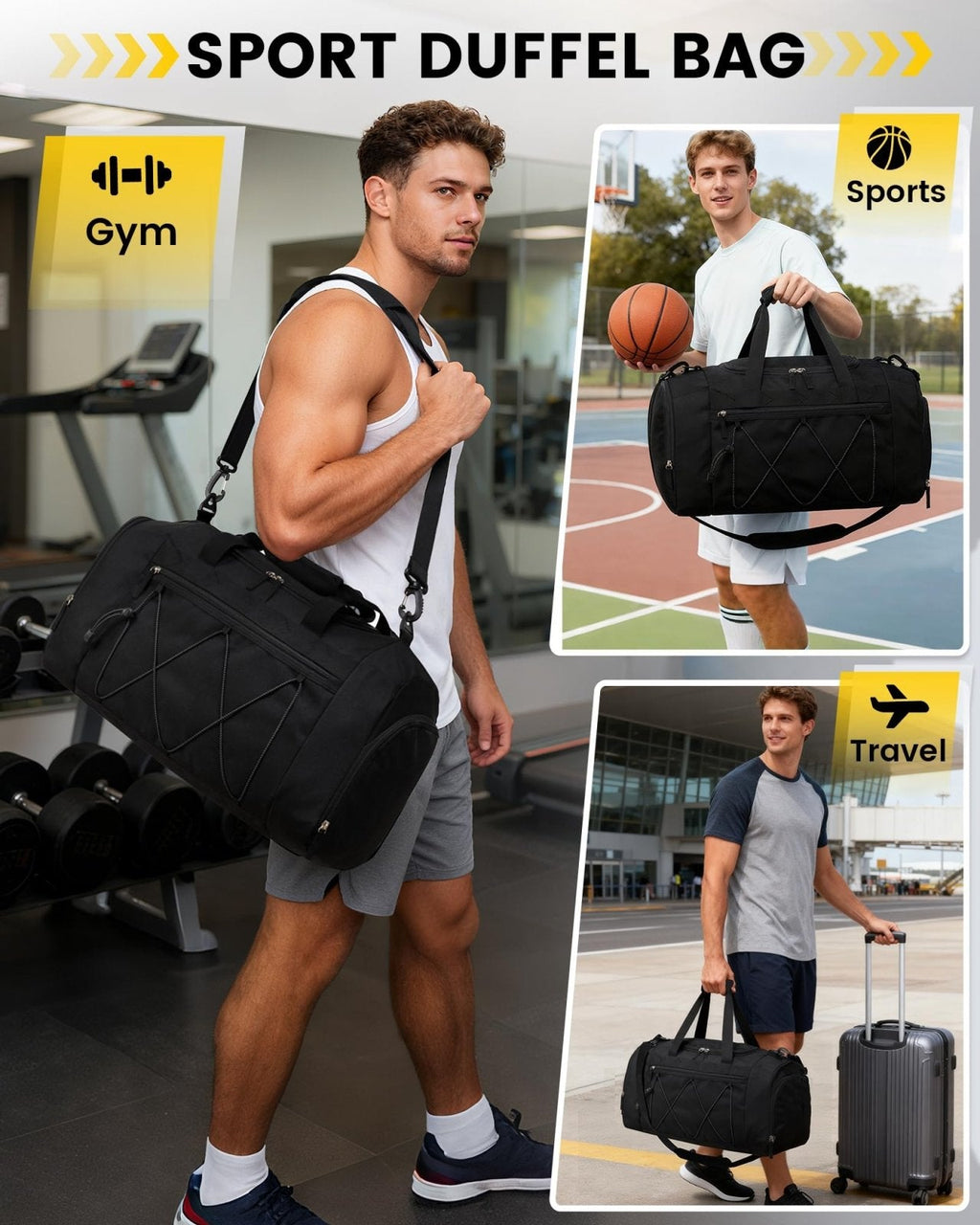 Vorspack Gym Bag for Men - 21 Inches Duffle Bag for Travel Water - resistant Travel Bag with Shoe Compartment Wet Pocket Duffel Bag for Gym Sports Travel Weekender Overnight - Black