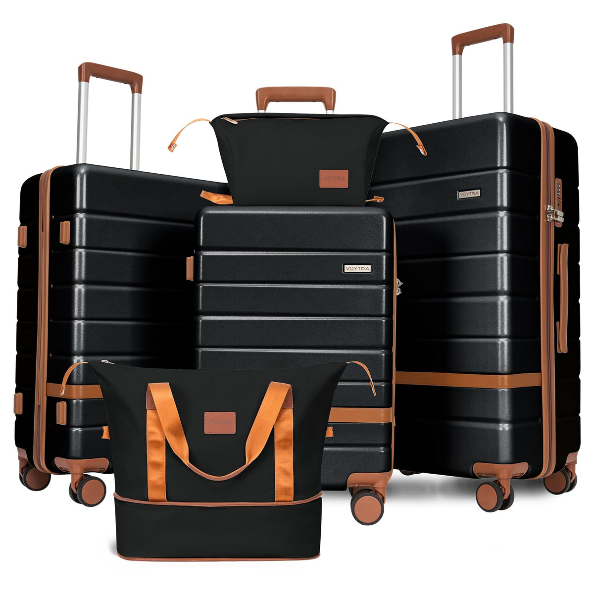 Voytra 5 Piece Luggage Set for Family Travel, Lightweight Hardshell PC+ABS Suitcases set, Suitcase with 8 Smooth Spinner Wheels, TSA Lock, YKK Zippers(20' 24' 28' Black)