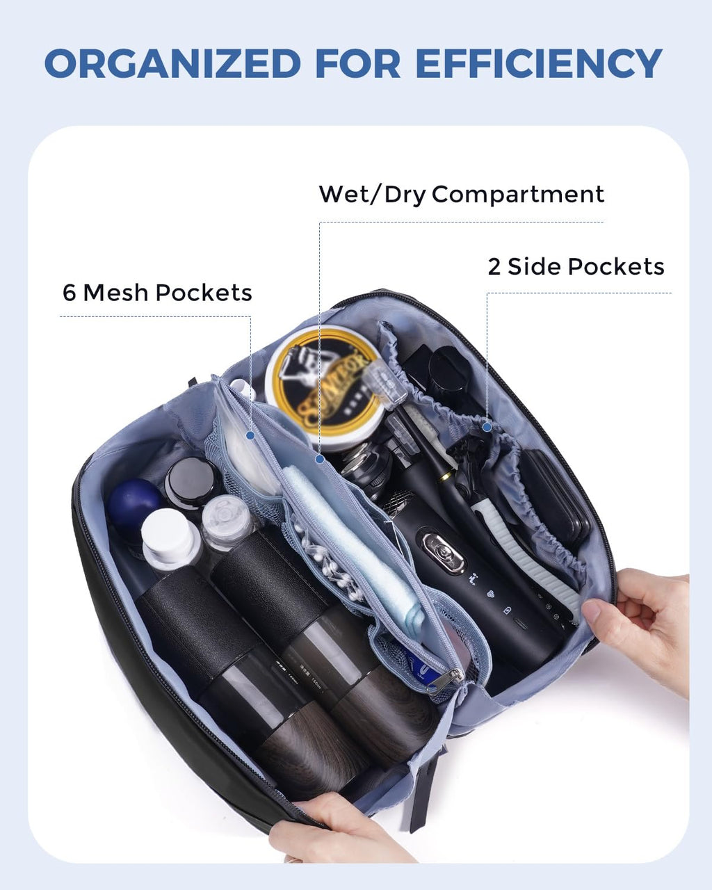 WANDF Toiletry Bag for Men, PU Leather Travel Organizer with Detachable Waterproof Hanging Pouch, Open - Flat Dopp Kit Shaving Bag with Wet Pocket for Travel Toiletries Accessories (Black)