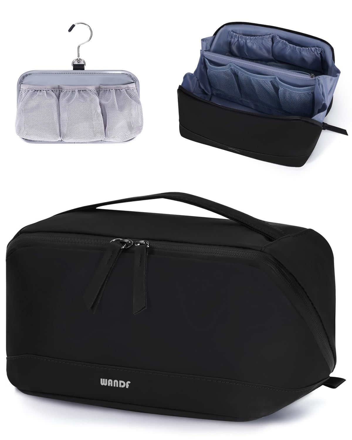 WANDF Toiletry Bag for Men, PU Leather Travel Organizer with Detachable Waterproof Hanging Pouch, Open-Flat Dopp Kit Shaving Bag with Wet Pocket for Travel Toiletries Accessories (Black)