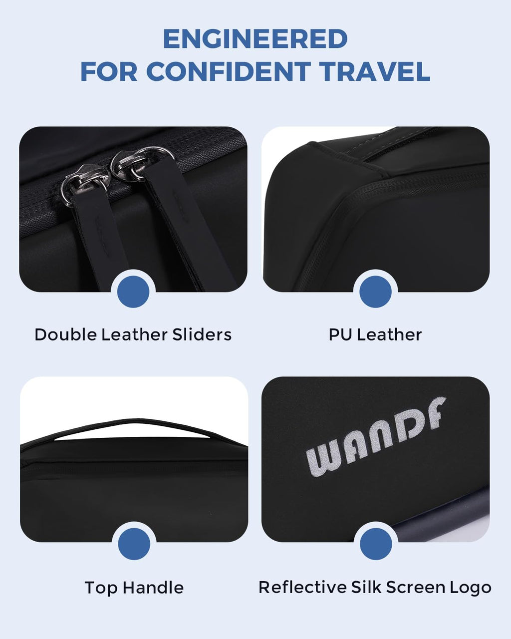 WANDF Toiletry Bag for Men, PU Leather Travel Organizer with Detachable Waterproof Hanging Pouch, Open - Flat Dopp Kit Shaving Bag with Wet Pocket for Travel Toiletries Accessories (Black)