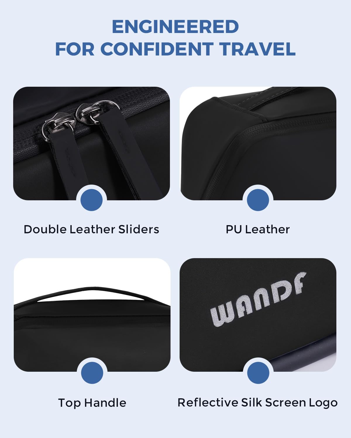 WANDF Toiletry Bag for Men, PU Leather Travel Organizer with Detachable Waterproof Hanging Pouch, Open - Flat Dopp Kit Shaving Bag with Wet Pocket for Travel Toiletries Accessories (Black)