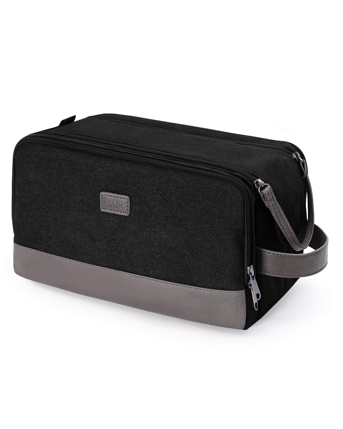WANDF Toiletry Bag for Men Travel Toiletry Organizer Canvas and Leather Dopp Kit Water-Resistant Shaving Bag for Travel Accessories (Black, Large)